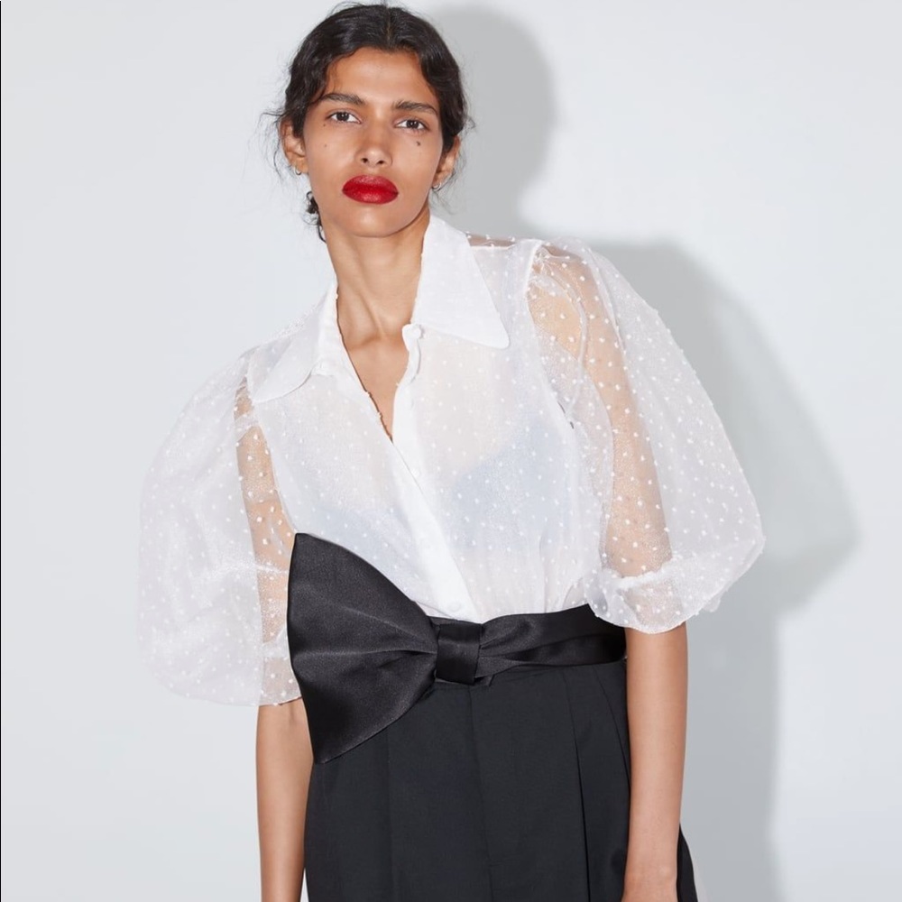 Zara white organza semi sheer blouse